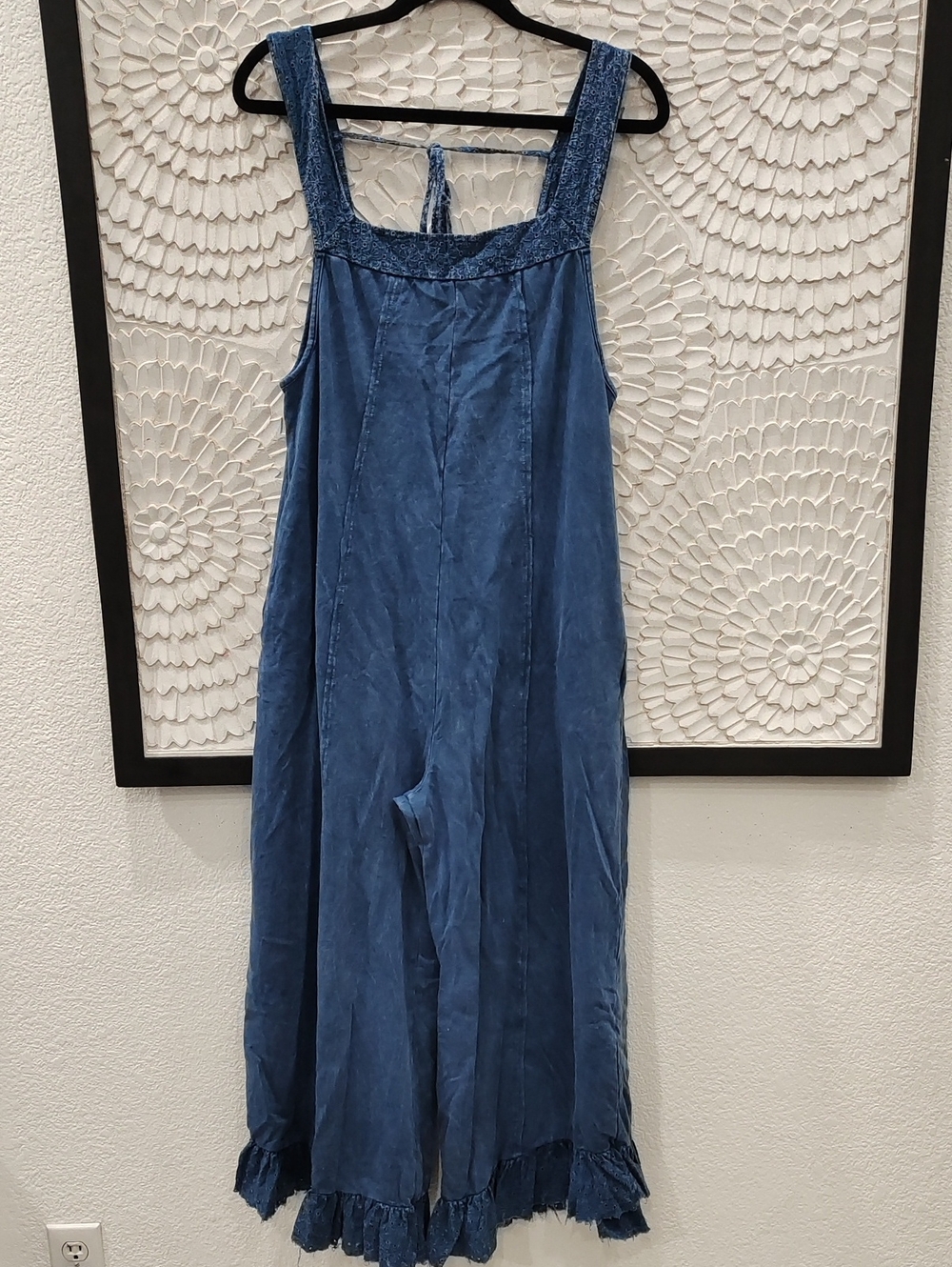 Washed Indigo Eyelit Hem Wide-Leg Jumpsuit - Blue - Picture 3 of 10